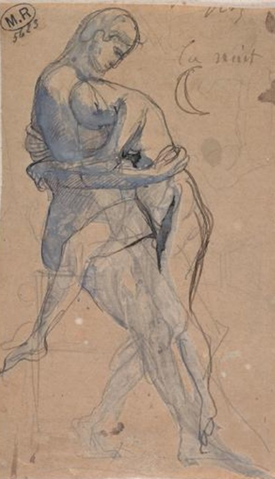 Auguste Rodin. Couple enlacé au clair de lune vers 1880, mine de plomb,plume ,encre brune,gouache