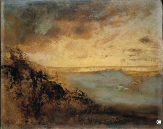 Auguste Rodin. Crépuscule d'or sur les dunes en forêt de Soignes entre 1871 et 1877. Huile sur papier collé sur carton