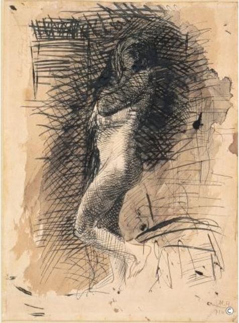 Auguste Rodin. Eve vers 1884 Plume et encroire noire lavis d'encre brune sur papier Via musée Rodin