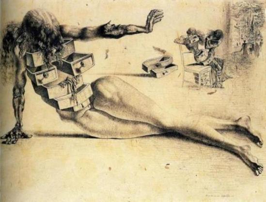 Salvador Dali. The city of drawers. Study for the anthropomorphic cabinet 1936