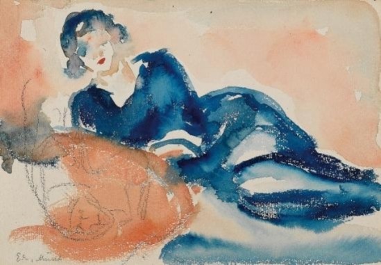 Edvard Munch. Femme allongée. Crayon et aquarelle sur paier