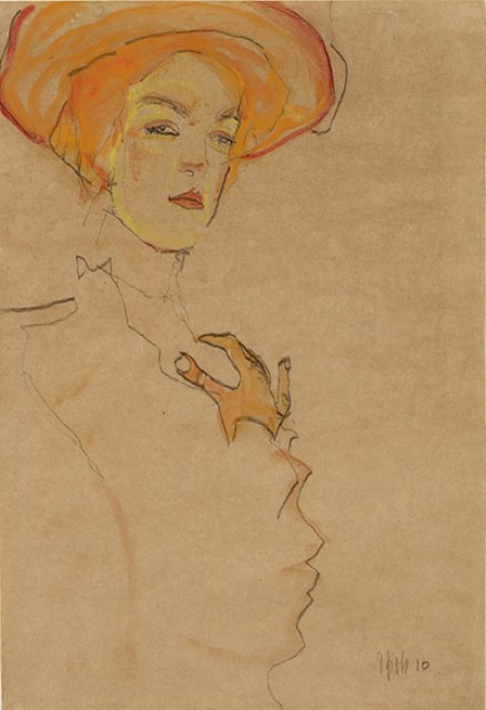 Egon Schiele. Gerti Schiele in orange hat 1910