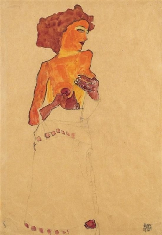 Egon Schiele. SEMI-NUDE GIRL HOLDING HER BREAST, FACING RIGHT). Charcoal on paper