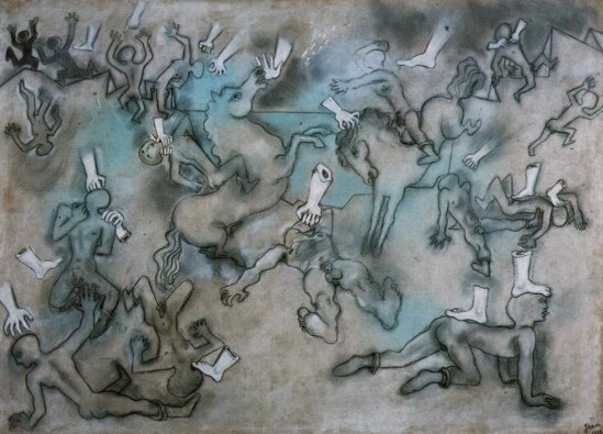 Jean Cocteau. Mains et pieds de plâtre attaquant des hommes au bord de la mer 1926. Pastel sur carton. Scan personnel du catalog