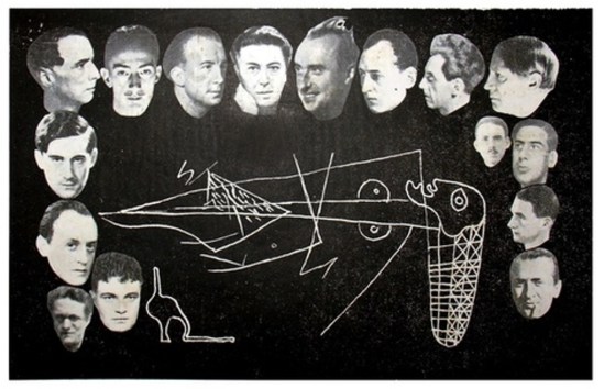 Victor Brauner. Photomontage 1936, illustrant le livre de Saşa Pană The sadism of truth. De gauche à droite René Grevel, Léo Malet, Victor Brauner, Georges Hugnet, Max Ernst, Salvador Dali, Paul Éluard, André Breton, Yves Tanguy, Benjamin Peret, Man Ray, Pablo Picasso, Marcel Jean, Oscar Dominguez, Maurice Henri, and Jack Herold Via jewishnationalmuseum