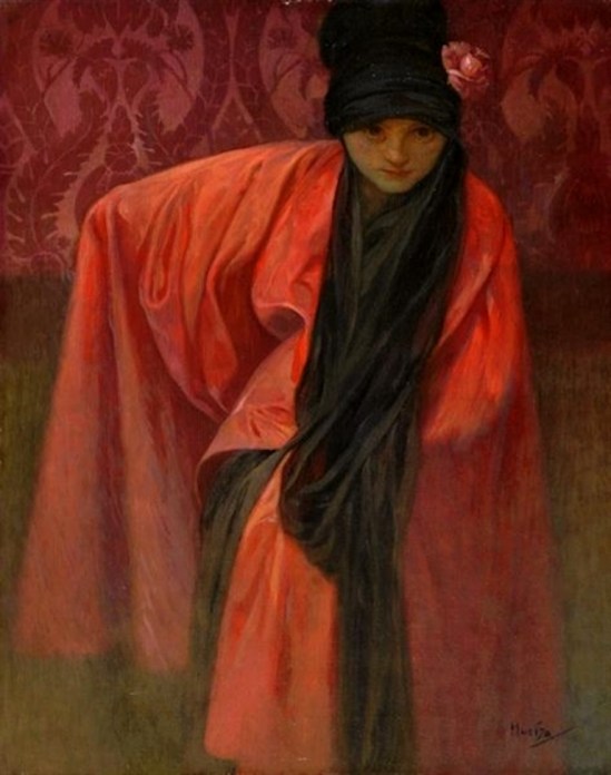Alphonse Marie Mucha. Girl in red. Huile sur toile