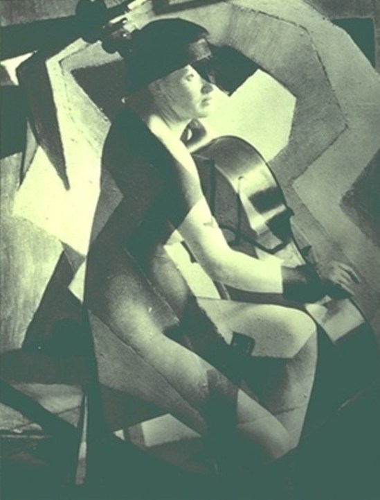 Francis Bruguière.  Double print of Rosalinde Fuller with cello 1934-1935. Via geh.org