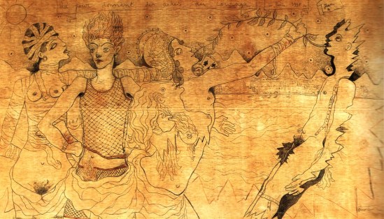 Jean Cocteau. La peur donnant des ailes au courage 1938. Dessin sur drap dessiné, graphite, craie noire et crayon sur coton. Scan personnel du catalogue Exposition Cocteau, Centre Pompidou 2004