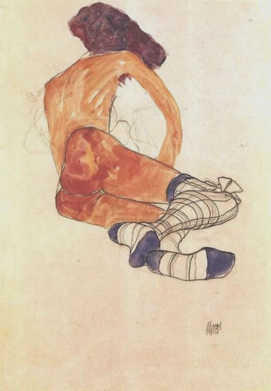 Egon Schiele. Seated female nude with blue garter 1910