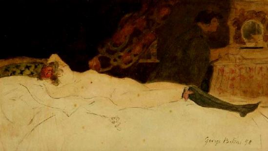 George Bottini. Femme nue allongé, scène de maison close 1898