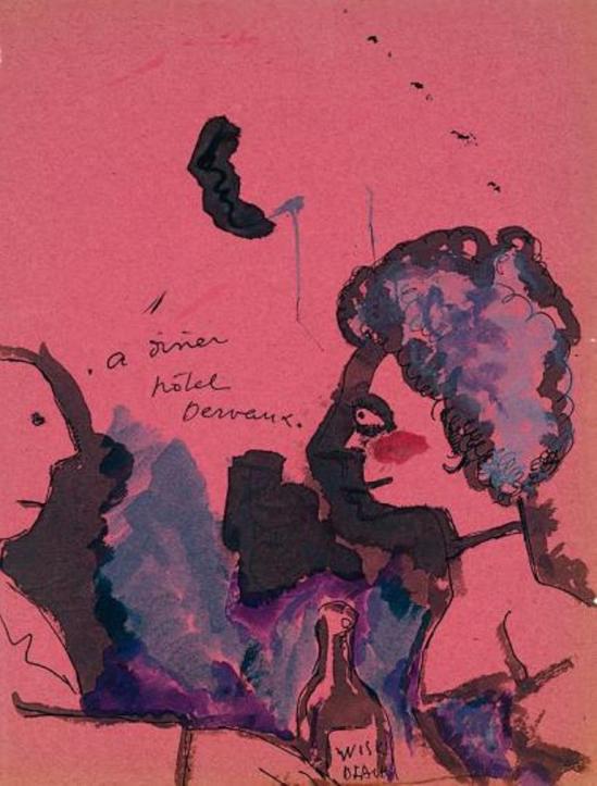 Jean Cocteau. A dîner hôtel Dervaux 1916. Dessin à l'encre et aquarelle Via drouot