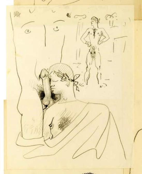 Jean Cocteau. Dessin érotique avec trois personnages vers 1950 Via drouot