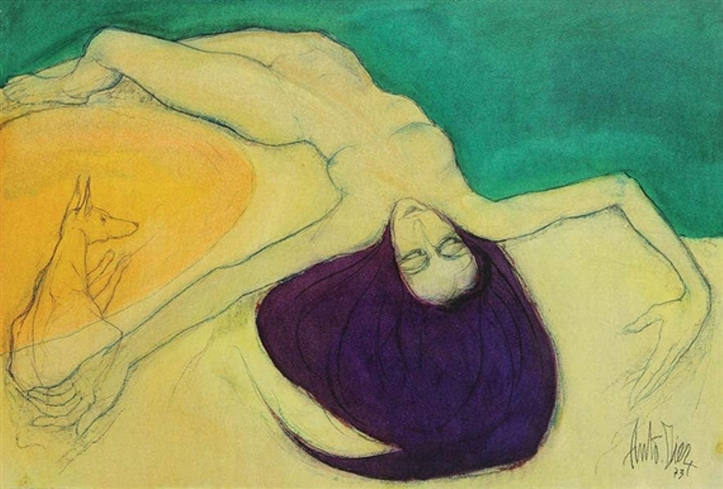 Anto Diez. Liggend naakt met hond 1973