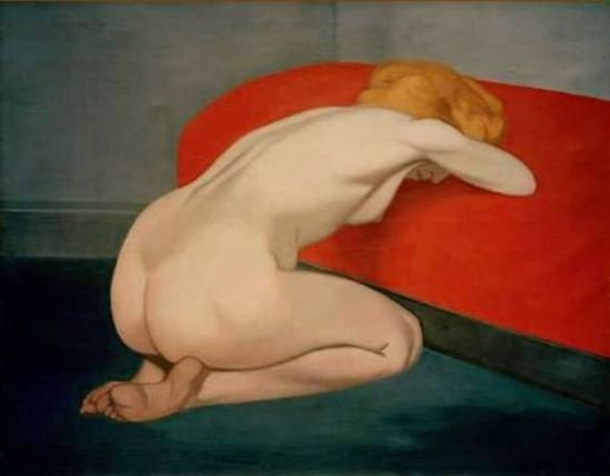 Félix Vallotton. Femme nue agenouillée devant un canapé rouge 1915