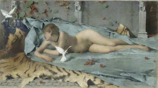 Charles Edmond Daux. Femme jouant avec des colombes. Huile sur toile