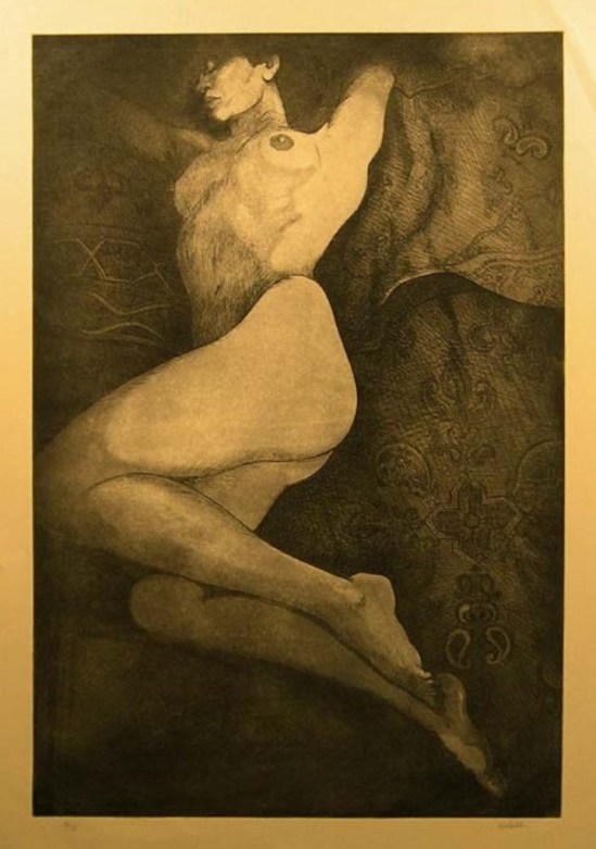 Nick Abdalla. Nude woman on tan paper. Etching