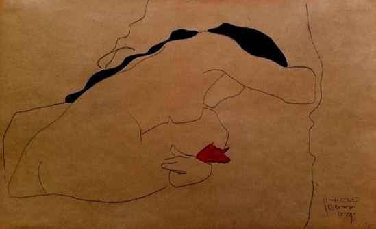 Egon Schiele. Back view of a female nude seated with black hair, bending 1909. Watercolor, pencil and ink on paper