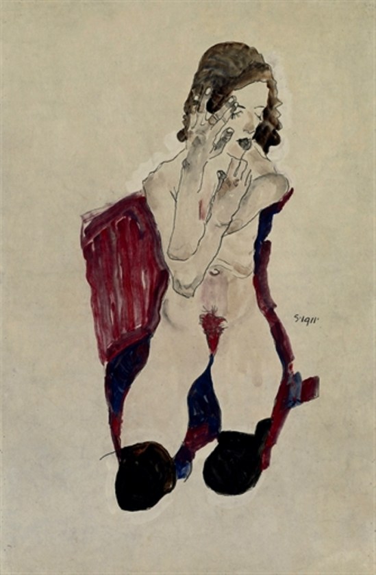 Egon Schiele. Sitzendes mädchen mit schwarzen Strümpfen und vorgehaltenen Händen 1911
