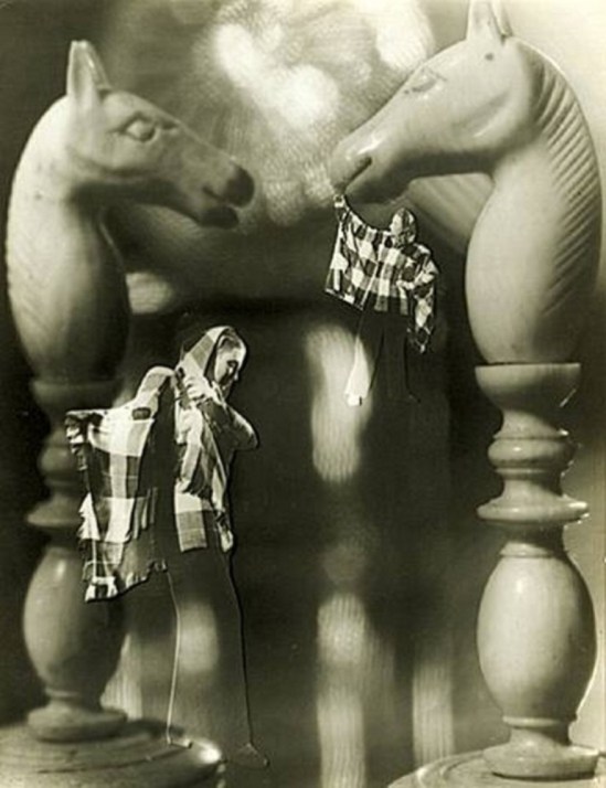 Francois Kollar. Photomontage with chess pieces and woman 1946. Via artnet