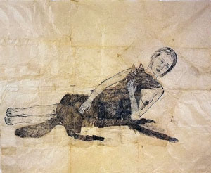 Kiki Smith. Lying with the wolf 2001. Ink and pencil drawing