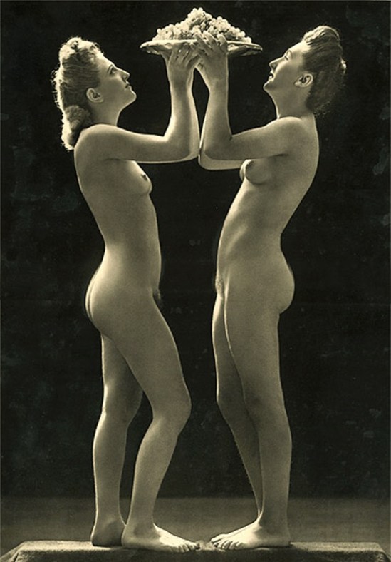 Jean-Marie Auradon. Two nude women holding plate of grapes 1930.Via iphotocentral