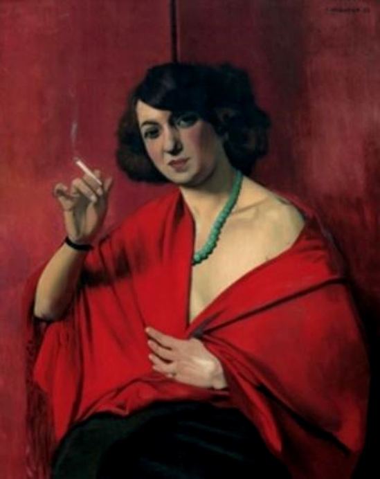 Félix Vallotton. Femme drapée de rouge tenant une cigarette 1922