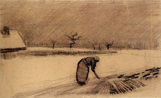 Vincent van Gogh. Woman with a fork in winter landscape 1883