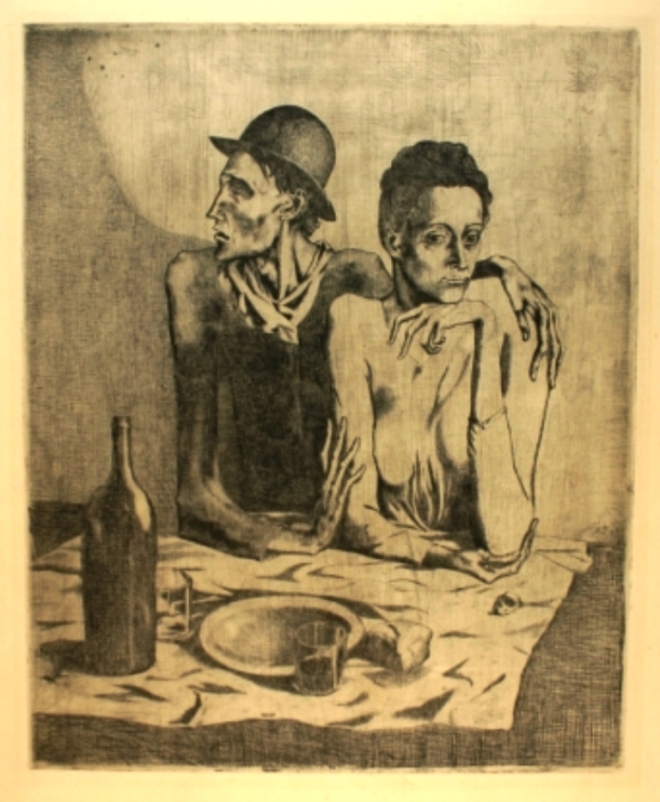 Pablo Picasso. Le repas frugal 1904. Gravure. Via amorosart