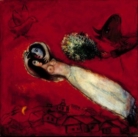 Marc Chagall.  Les Amants au ciel rouge 1950