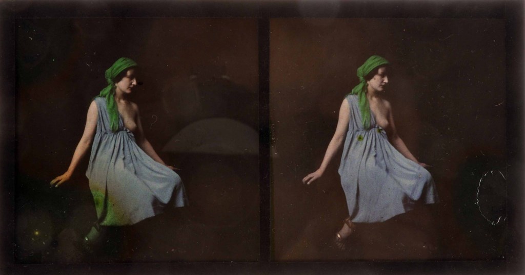 A Lumière autochrome stereo nude portrait study, reclining girl in blue dress, left breast exposed