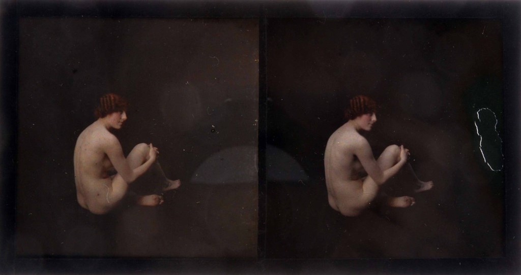 A Lumière Autochrome Stereo Nude Portrait Study, seated girl, hands clasped around left knee