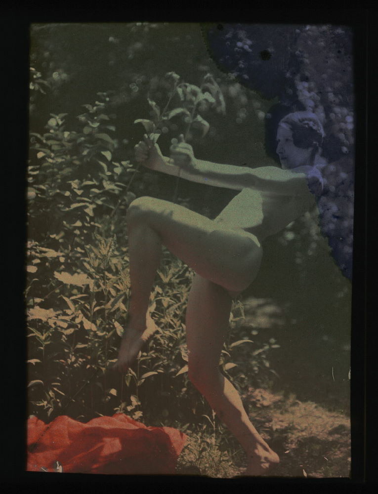Ernest-Louis Lessieux. Tatiana posant nue de profil dans un jardn (titre factice) après 1907. Autochrome. © Alienor.org