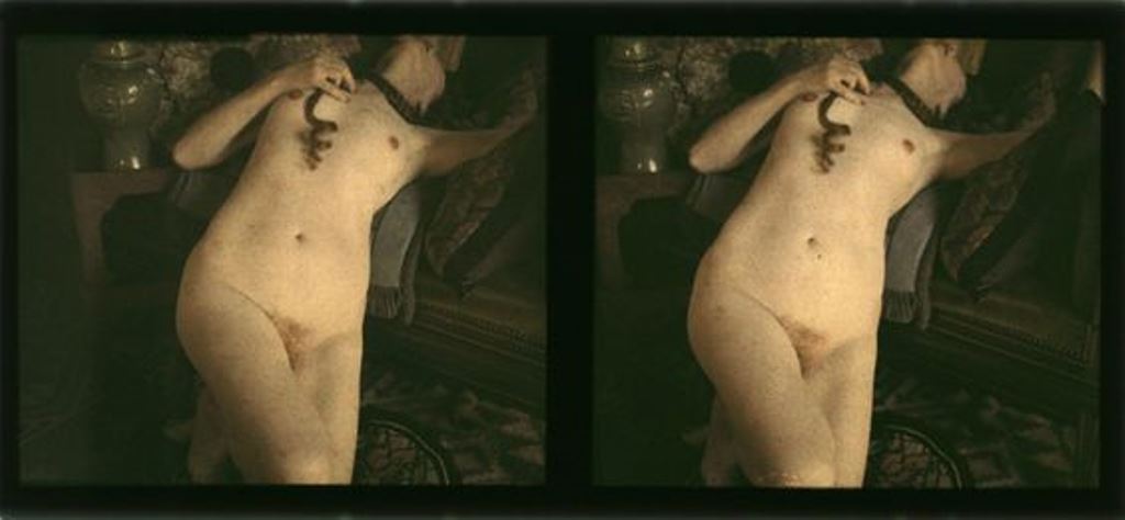Photographe anonyme. Nu couché stéréocospique vers 1920. Autochrome. Via michelbourles