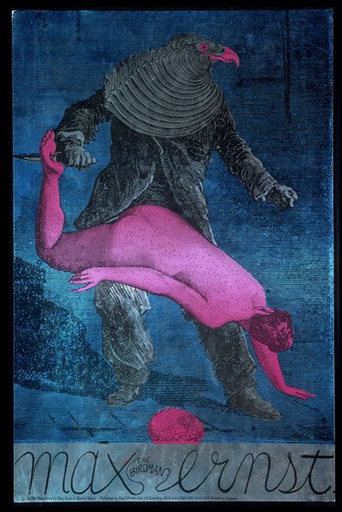 Martin Sharp. Max The Birdman Ernst 1967. Tribute to Max Ernst. Color lithograph and silkscreen on metallic card