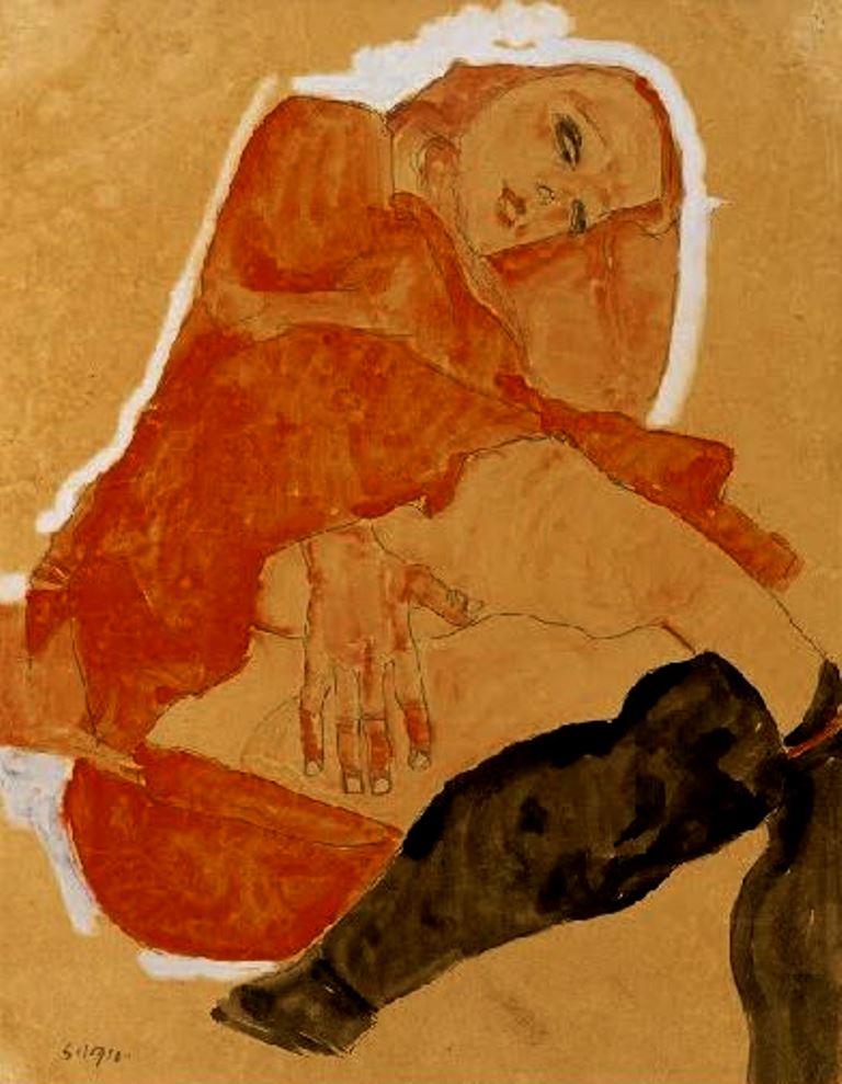 egon-schiele-girl-in-red-dress-with-black-stockings-1911